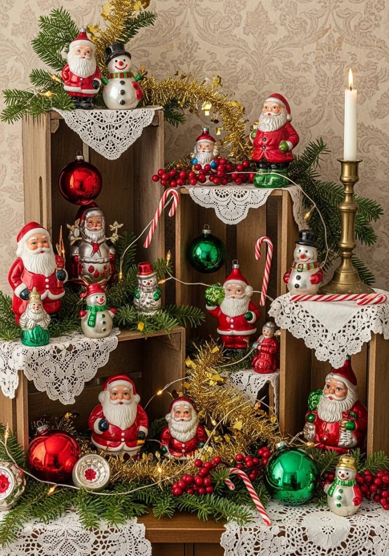 eclectic mix of vintage santa and snowman figurines 1
