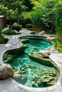 eco-friendly natural pool bordered by aquatic plants and river stones 60