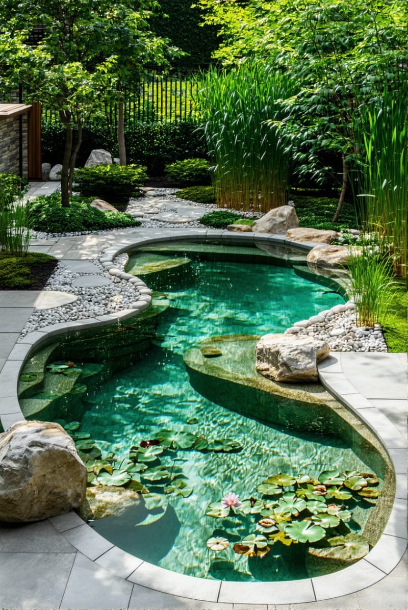 eco-friendly natural pool bordered by aquatic plants and river stones 60