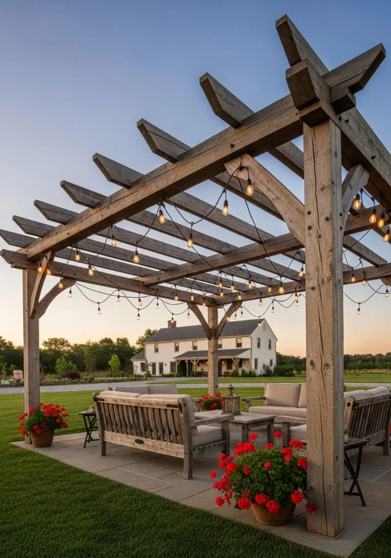 edison bulb string lights weaving through a pergola 1