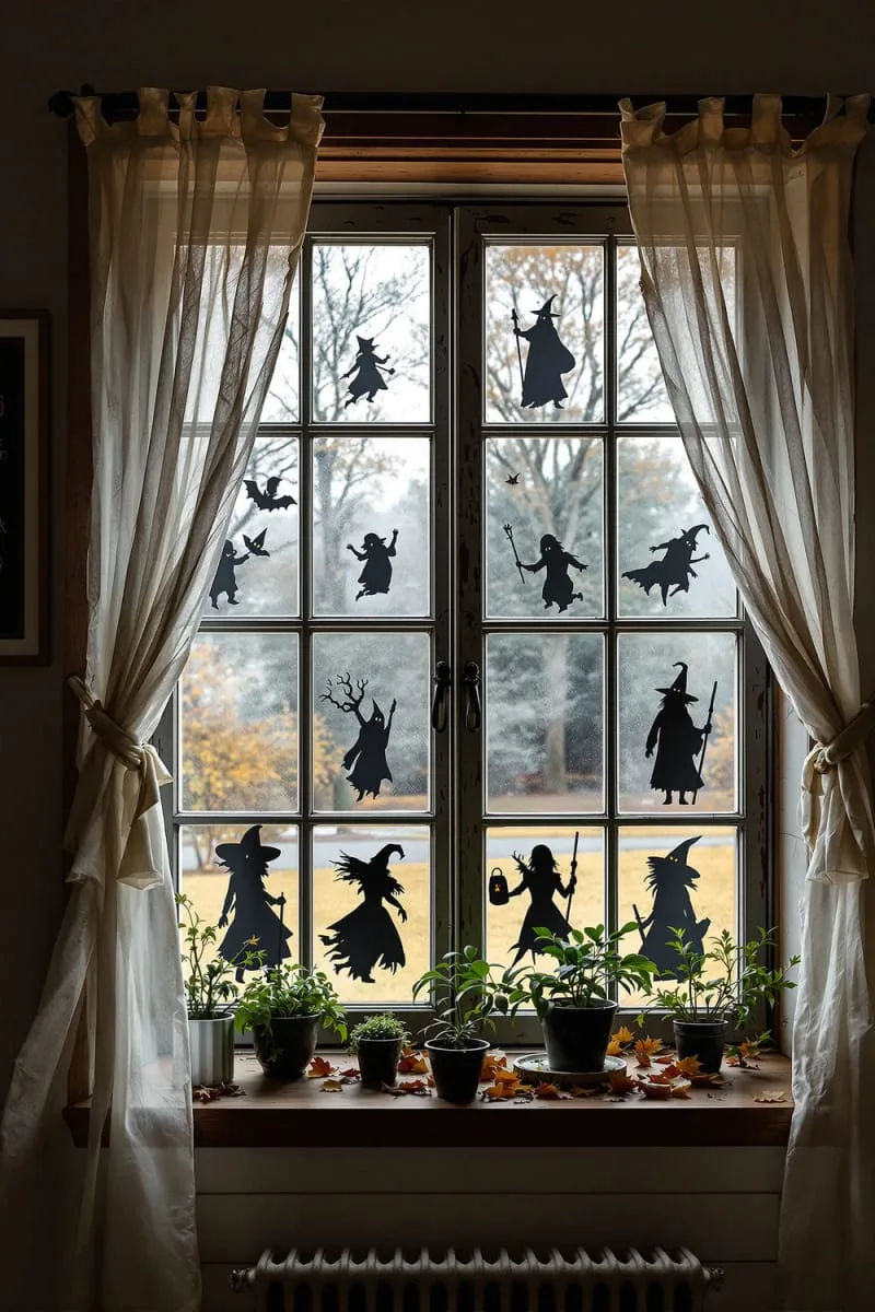eerie, backlit window silhouettes of witches and goblins 1