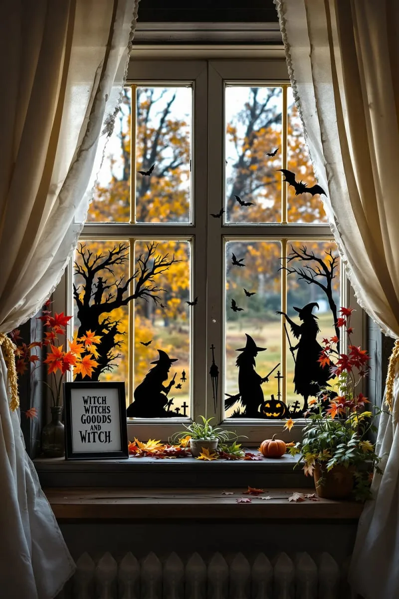 eerie, backlit window silhouettes of witches and goblins 1
