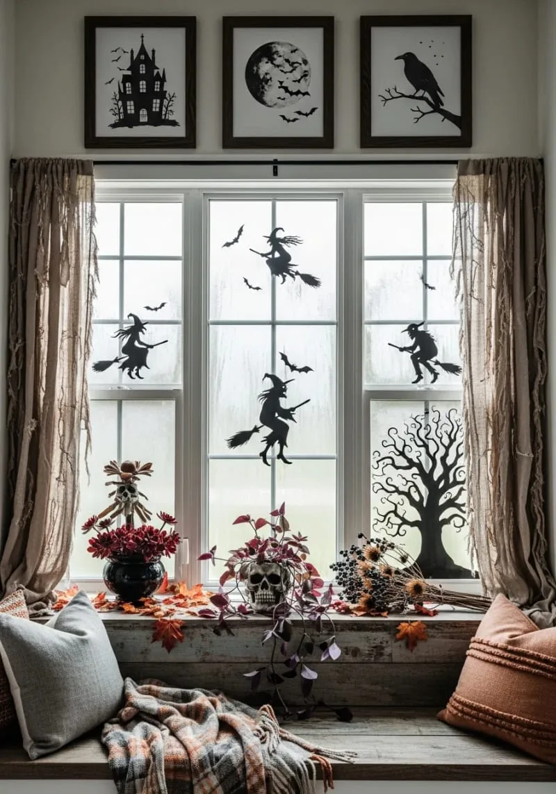 eerie, backlit window silhouettes of witches and goblins 1