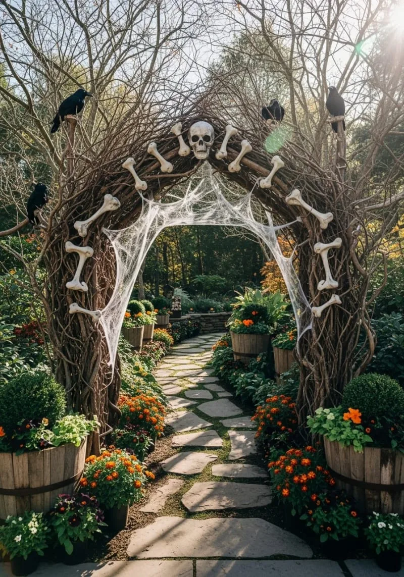 eerie forest archway made from twisted branches and bones 1