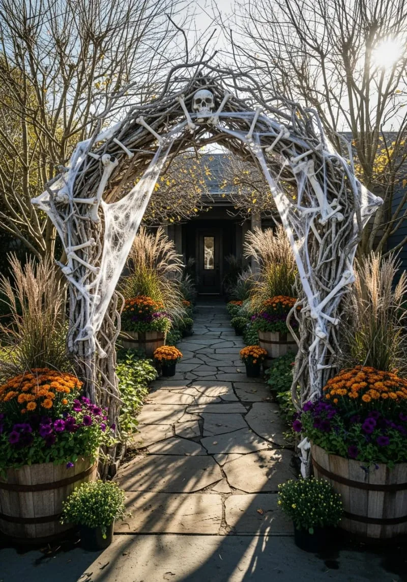 eerie forest archway made from twisted branches and bones 1