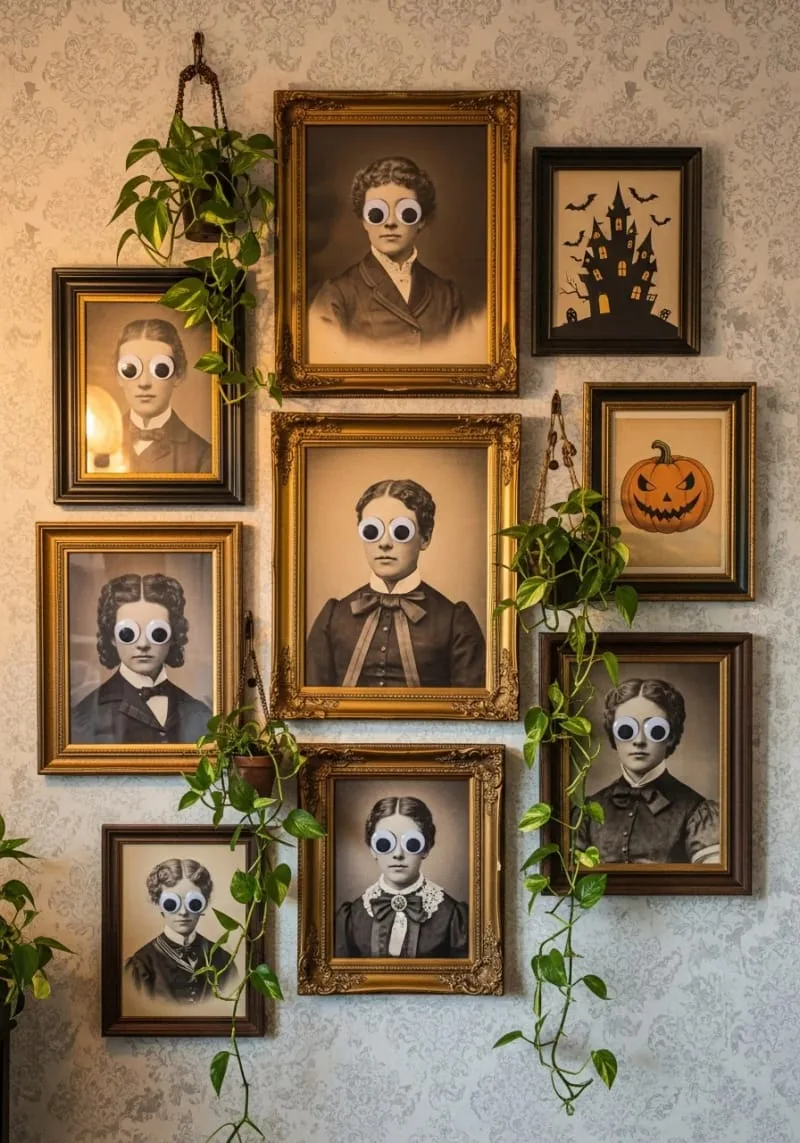 eerie victorian portraits with googly eyes glued on 1