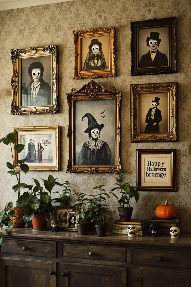 eerie victorian portraits with googly eyes glued on 1
