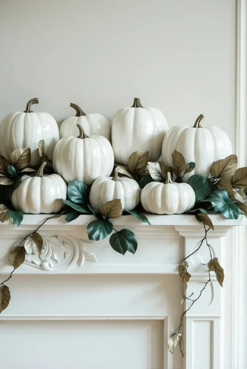 elegant all-white mantle with porcelain pumpkins and magnolia leaves 1