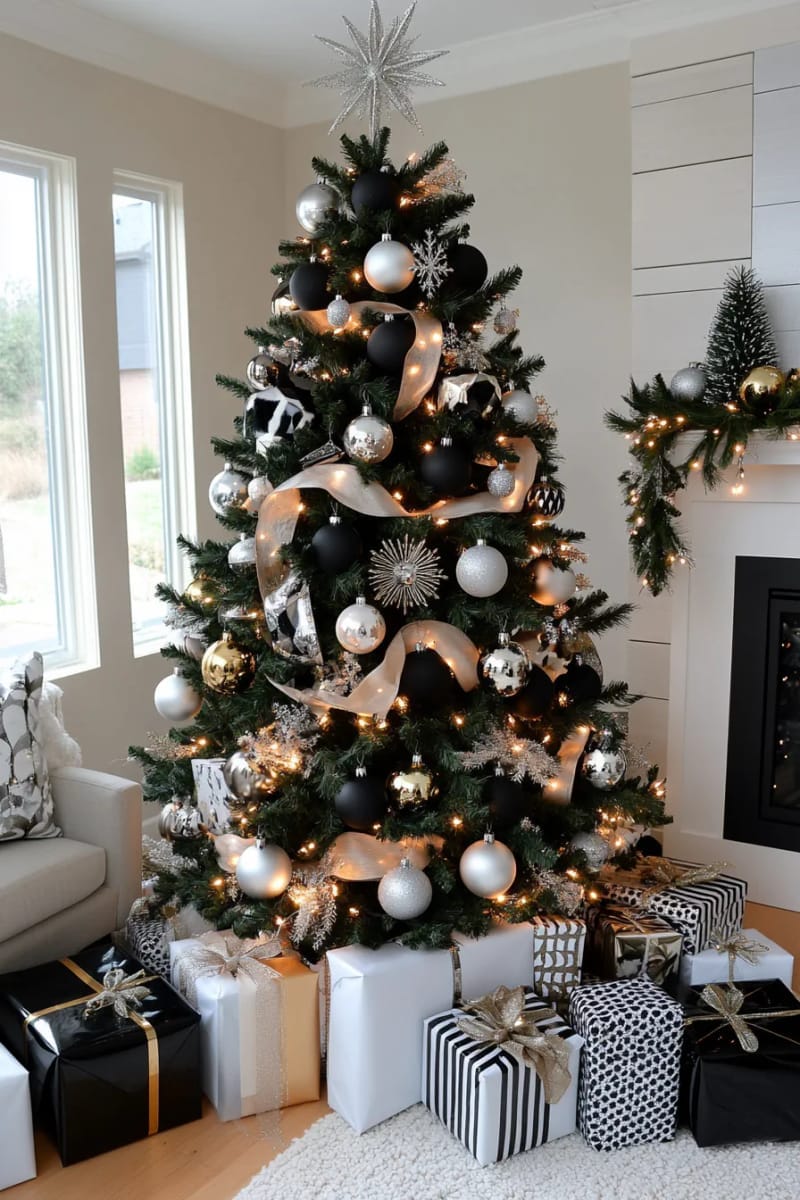 elegant black and white christmas tree with metallic ornaments 1