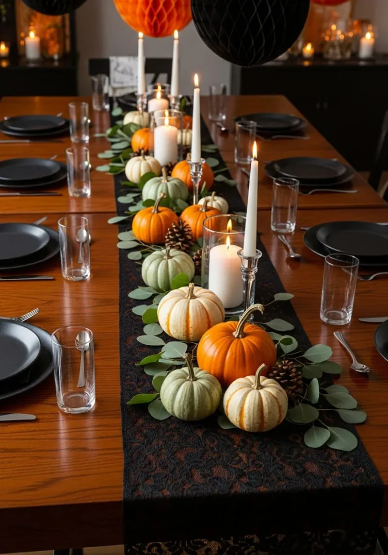 elegant black lace table runners with mini pumpkin arrangements 1