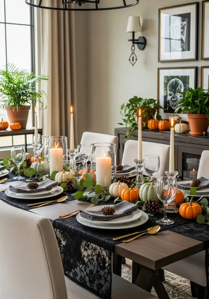 elegant black lace table runners with mini pumpkin arrangements 1