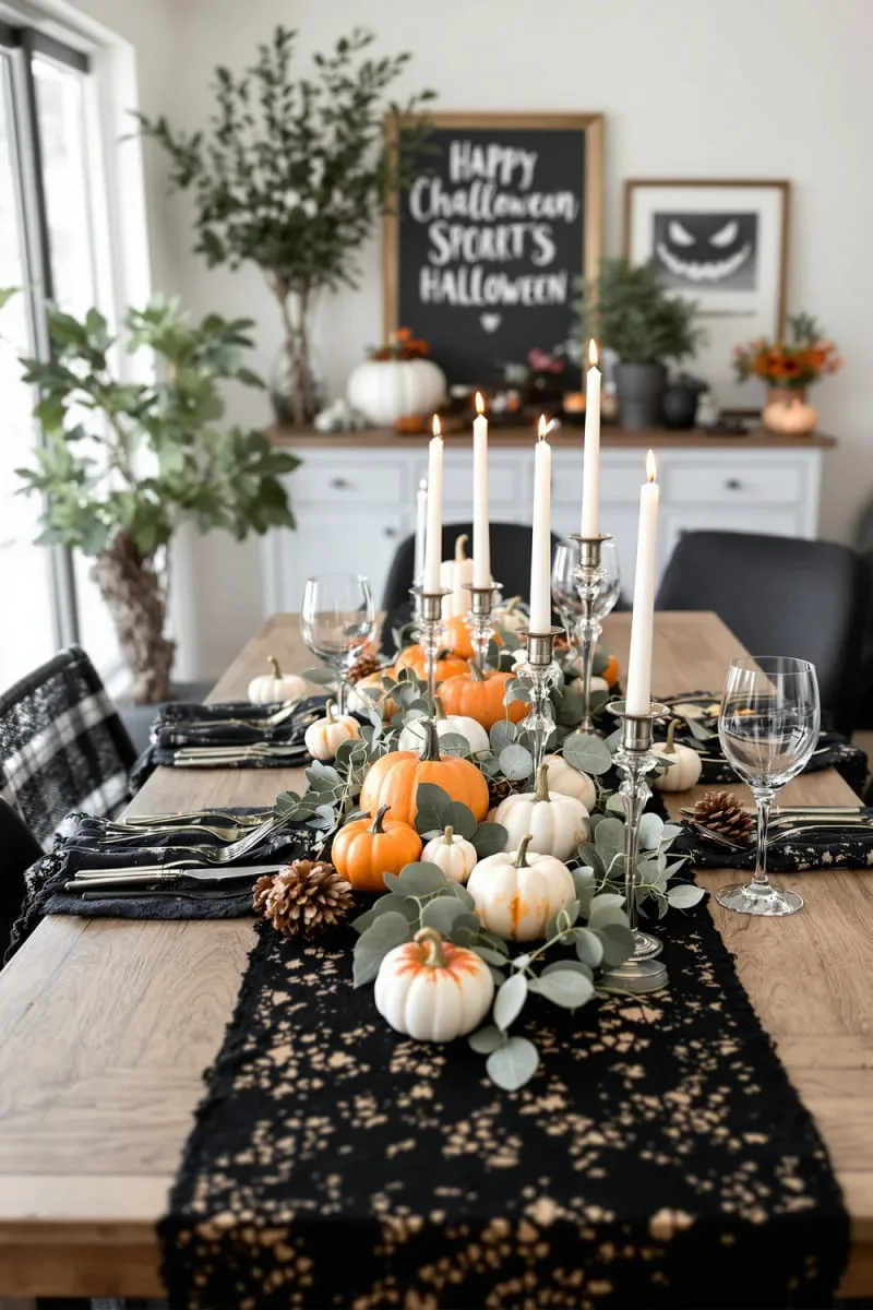 elegant black lace table runners with mini pumpkin arrangements 1