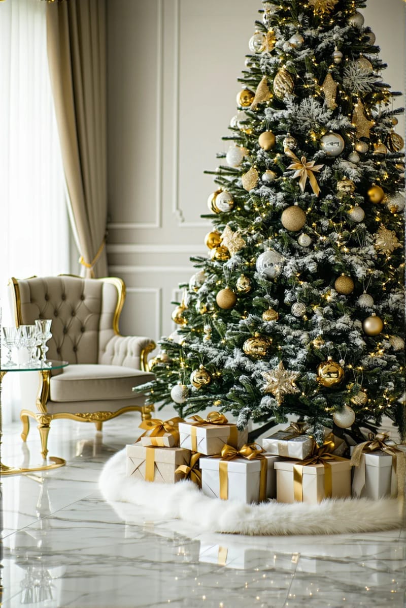 elegant christmas tree skirt in faux fur and gold accents 1