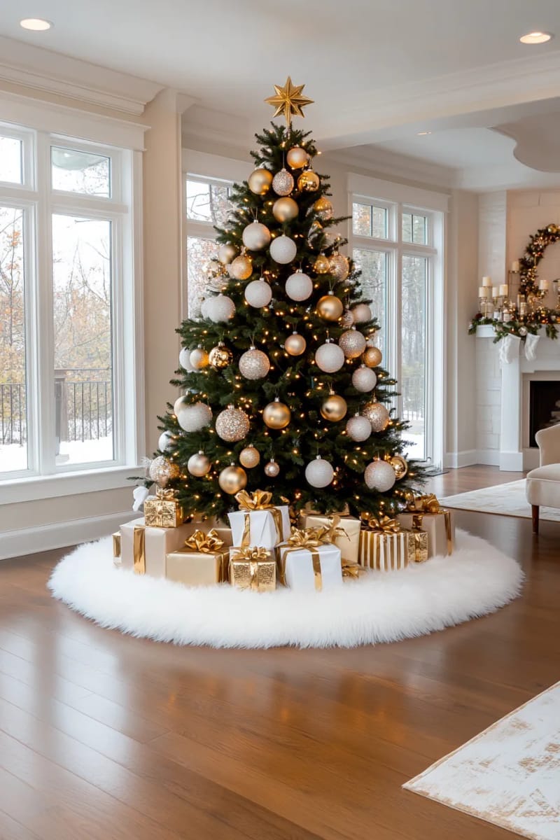 elegant christmas tree skirt in faux fur and gold accents 1