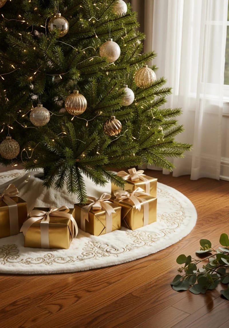 elegant christmas tree skirt in faux fur and gold accents 1