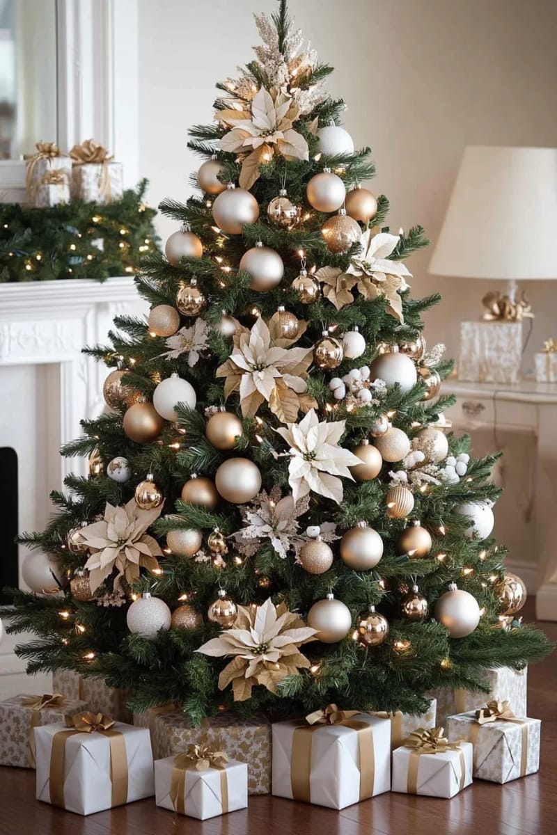elegant gold and white ornament clusters on the tree 1