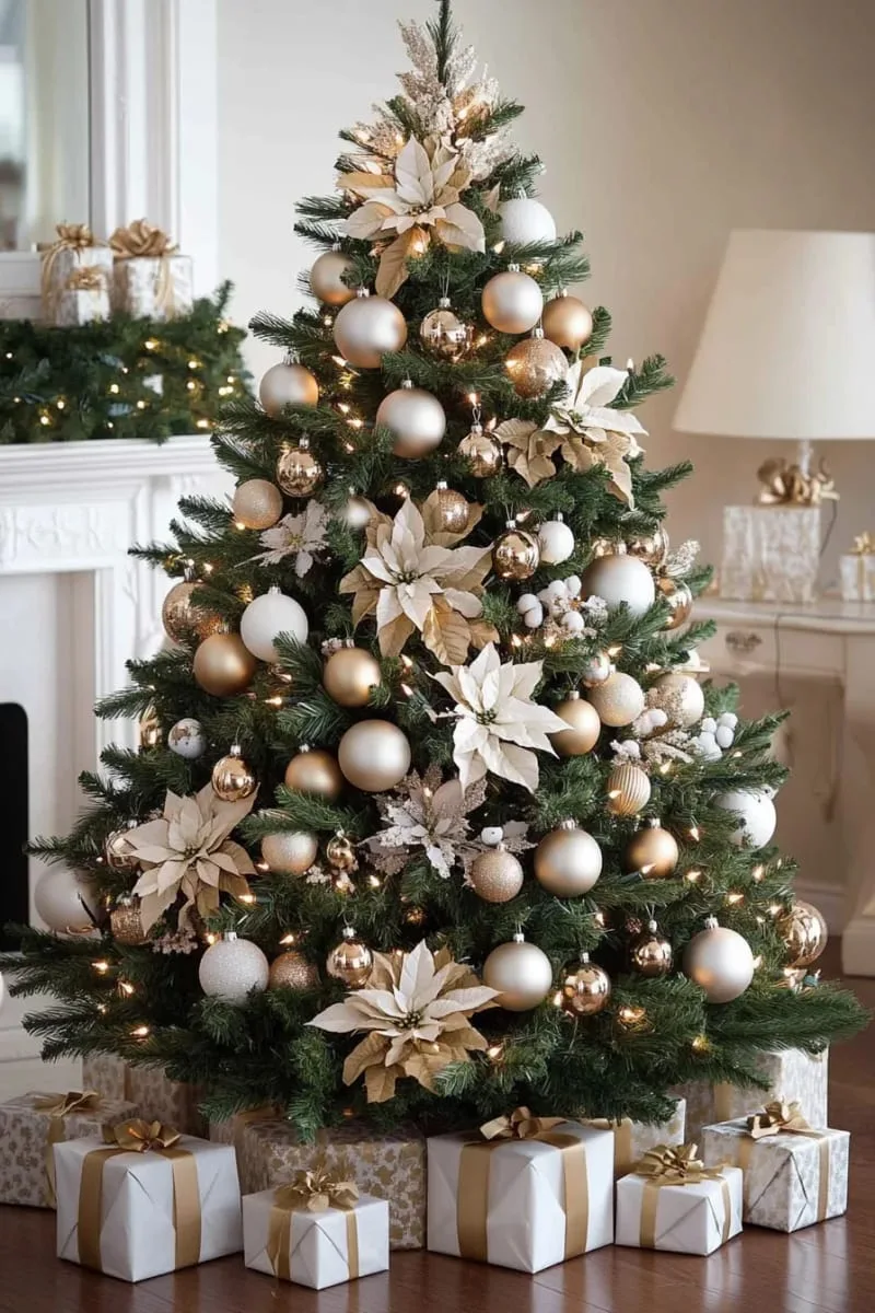 31 Trendy Christmas Decor Ideas for a Magical Home 72 elegant gold and white ornament clusters on the tree 1