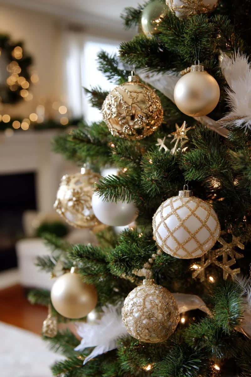 elegant gold and white ornament clusters on the tree 1