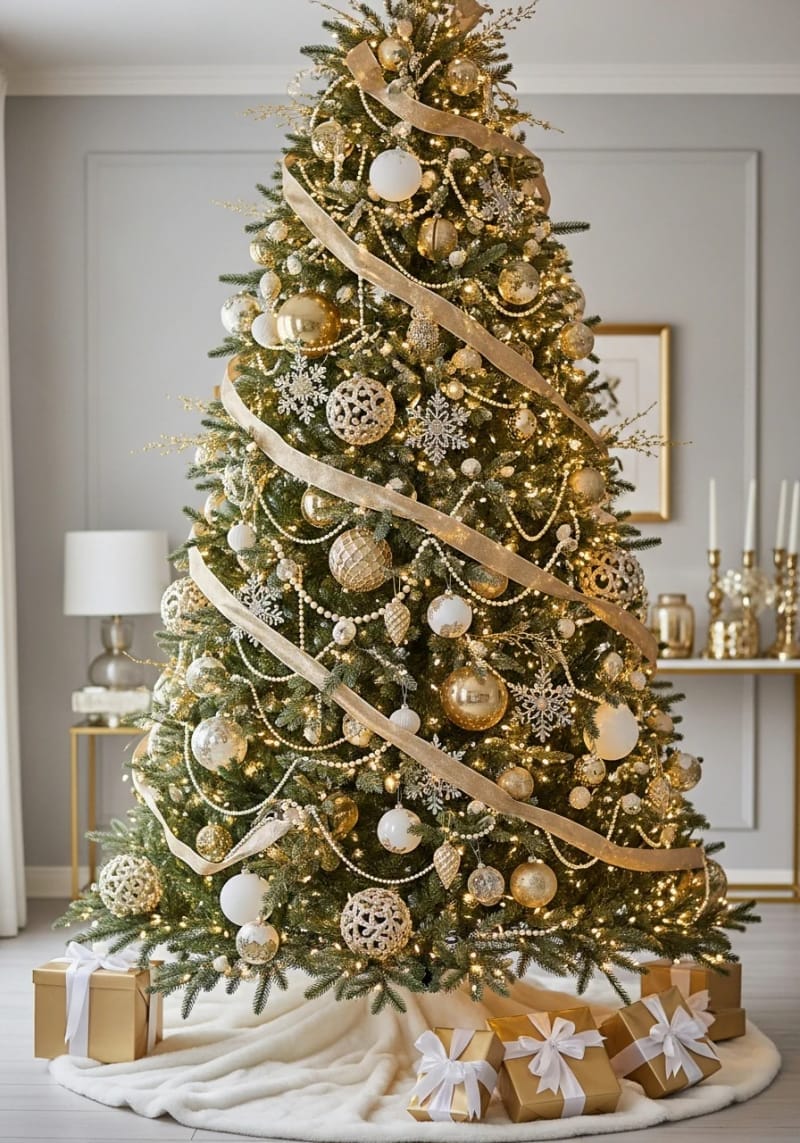 elegant gold and white ornament clusters on the tree 1