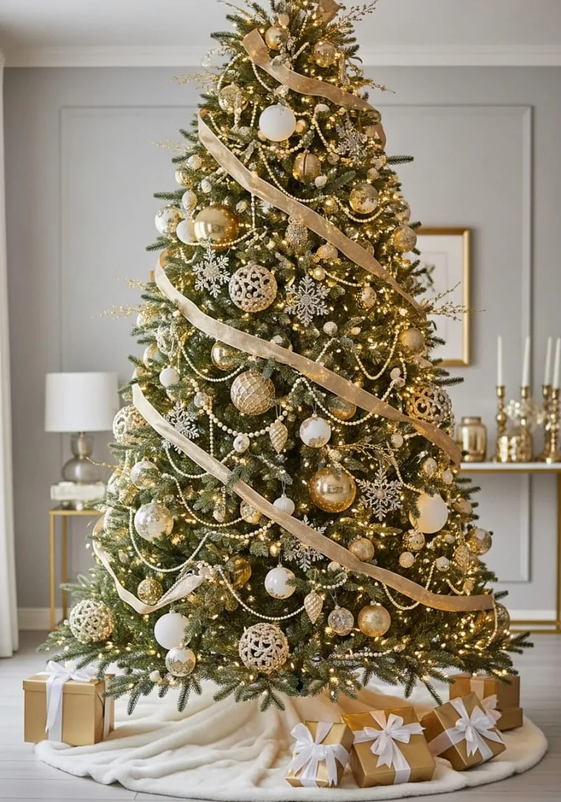 31 Trendy Christmas Decor Ideas for a Magical Home 74 elegant gold and white ornament clusters on the tree 1