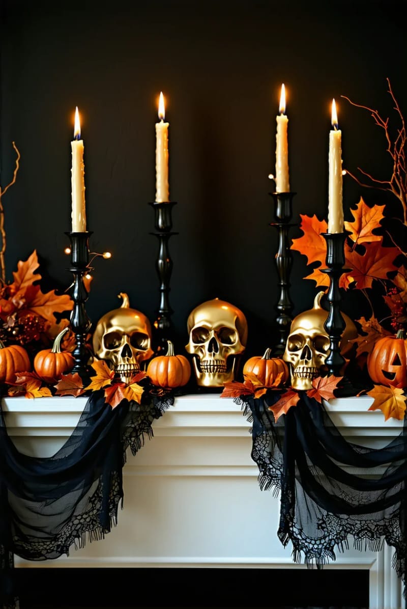 elegant gold skulls between black candleholders and orange fairy lights 1