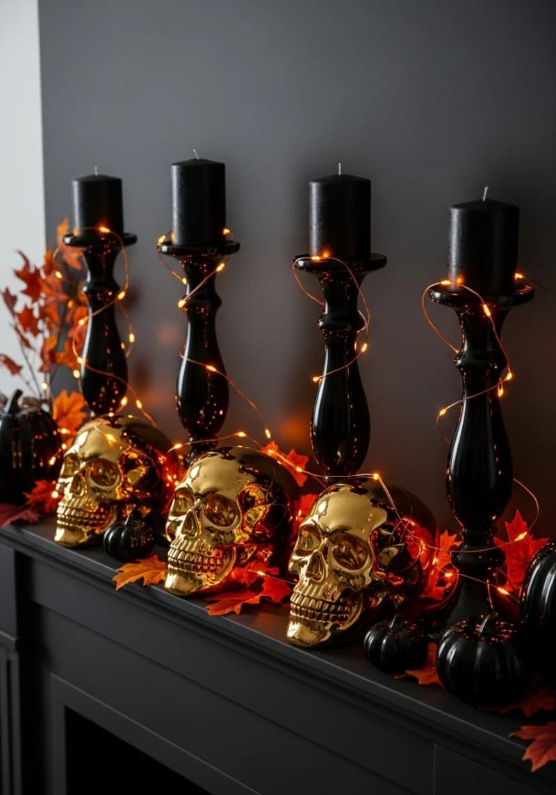 elegant gold skulls between black candleholders and orange fairy lights 1
