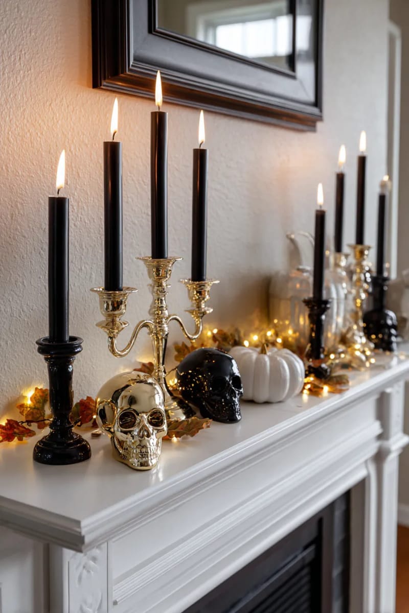 elegant gold skulls between black candleholders and orange fairy lights 1