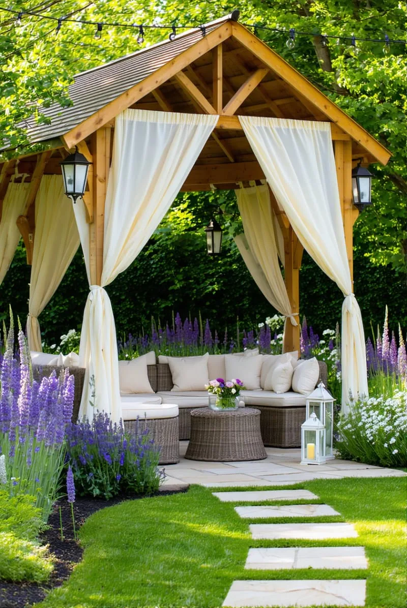 19 Inspiring Backyard Pavilion Ideas: Unique Designs You Can't Miss 14 elegant pavilion surrounded by lush garden landscaping and wildflowers 1