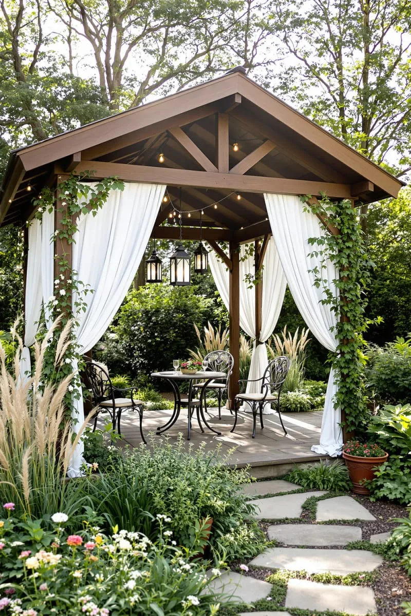 19 Inspiring Backyard Pavilion Ideas: Unique Designs You Can't Miss 15 elegant pavilion surrounded by lush garden landscaping and wildflowers 1