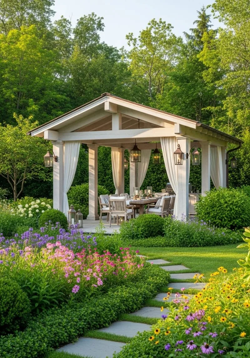 19 Inspiring Backyard Pavilion Ideas: Unique Designs You Can't Miss 16 elegant pavilion surrounded by lush garden landscaping and wildflowers 1