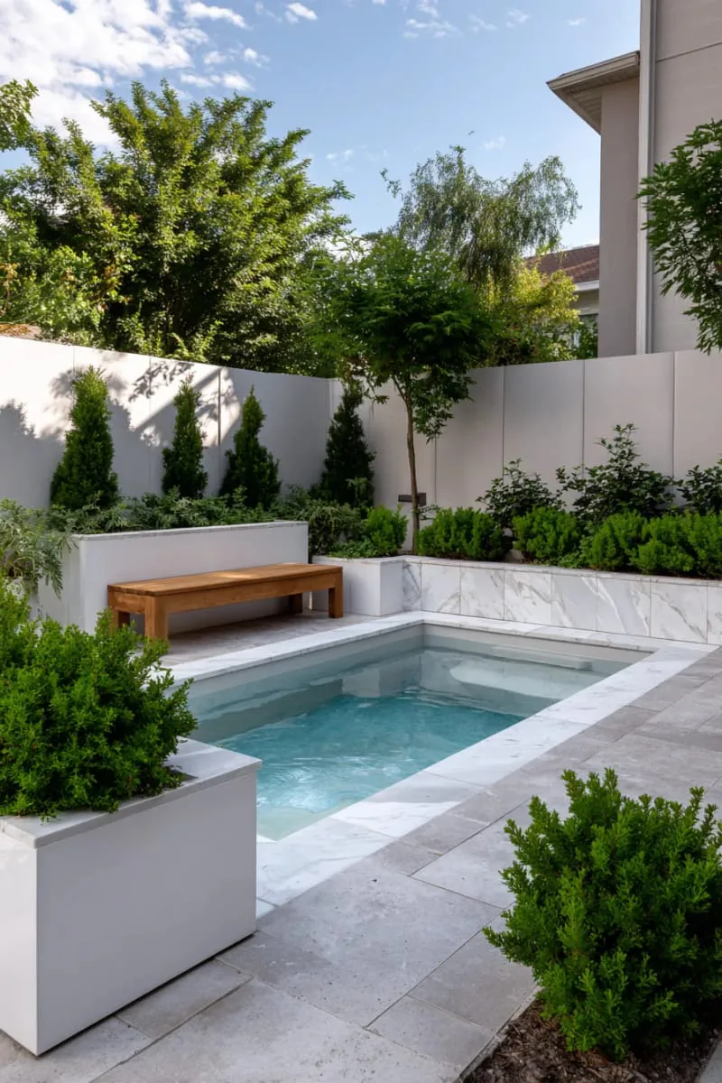 elegant tiny pool with white marble coping and minimalist planters 1