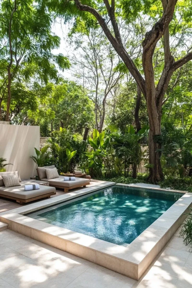 elegant tiny pool with white marble coping and minimalist planters 1