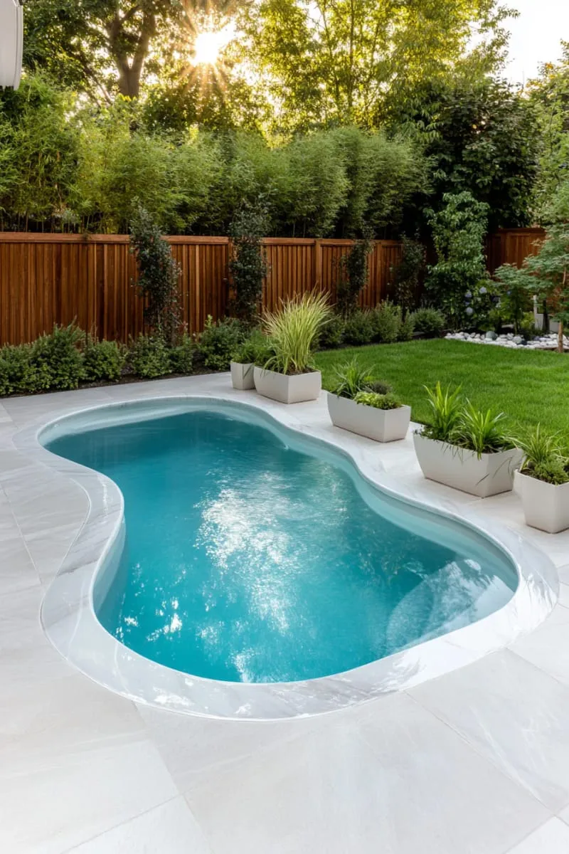 elegant tiny pool with white marble coping and minimalist planters 1
