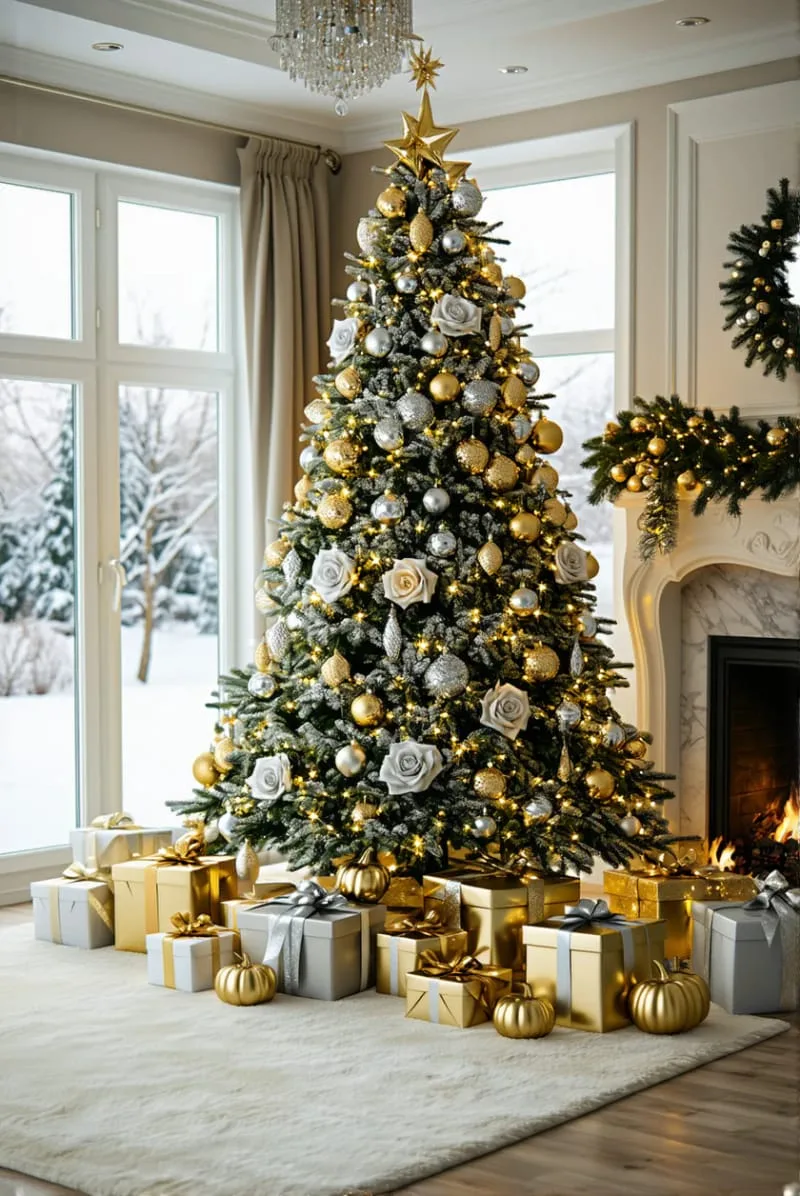 elegant tree with cream roses, metallic pumpkins, and twinkling lights 1