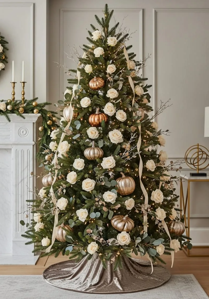 elegant tree with cream roses, metallic pumpkins, and twinkling lights 1