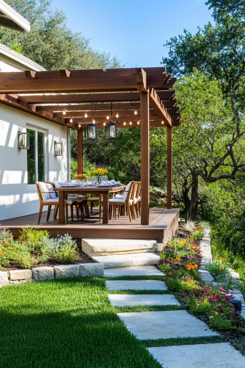 elevated pergola dining area overlooking the lower backyard garden 1