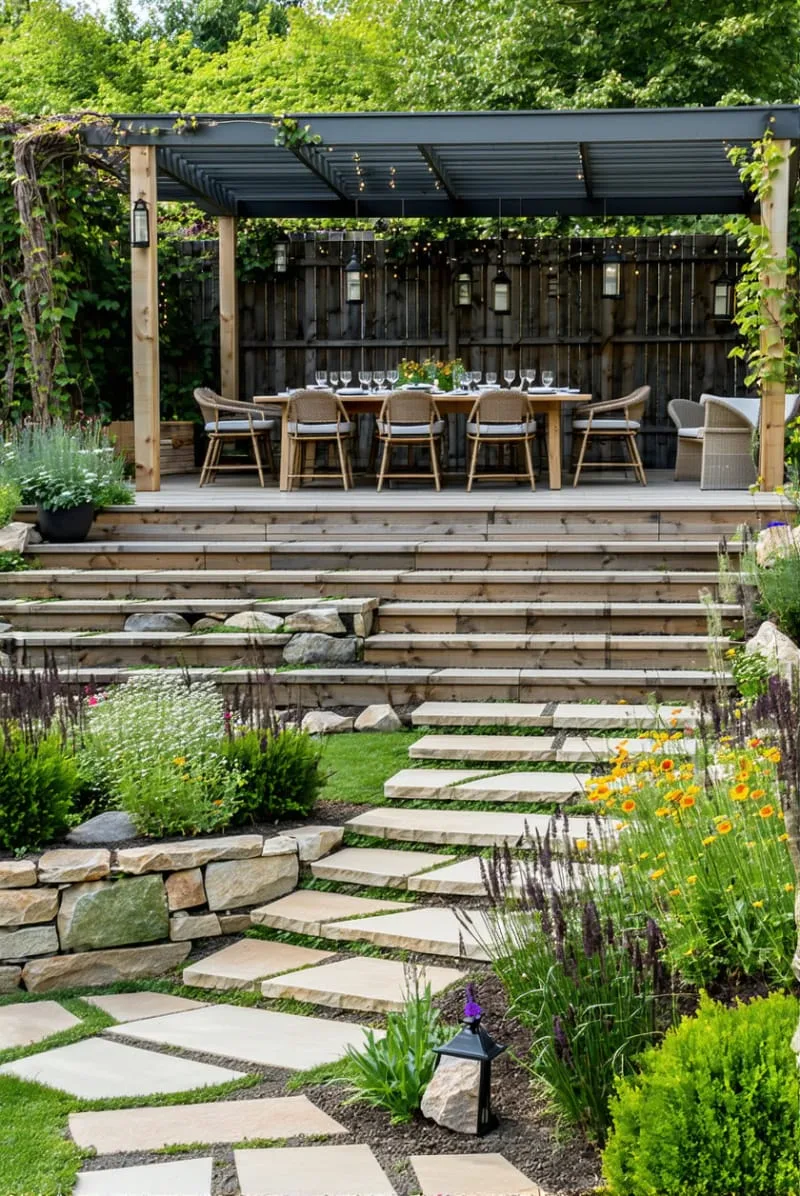 elevated pergola dining area overlooking the lower backyard garden 1