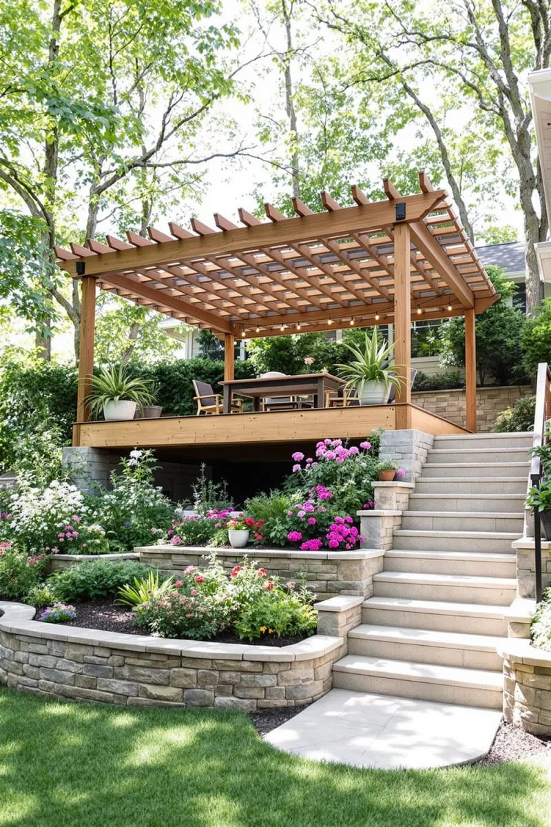 elevated pergola dining area overlooking the lower backyard garden 1