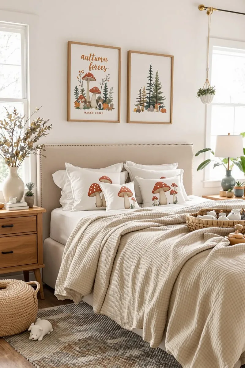 embroidered mushroom cushion covers for woodland vibes 1