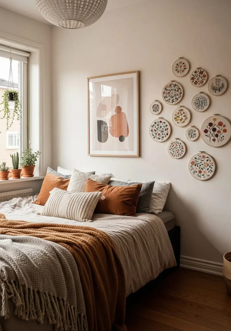 embroidery hoops with colorful fabric hung on a wall as playful decor 1