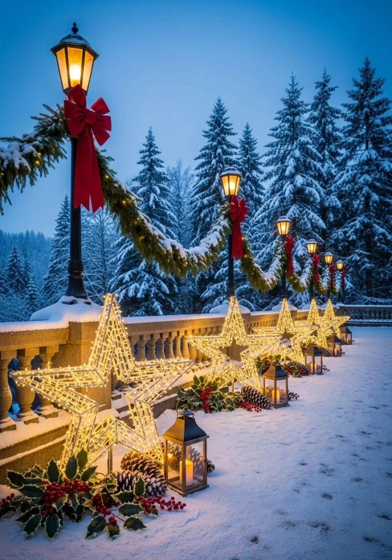 enormous star sculptures wrapped in warm white lights lining the walkway 1