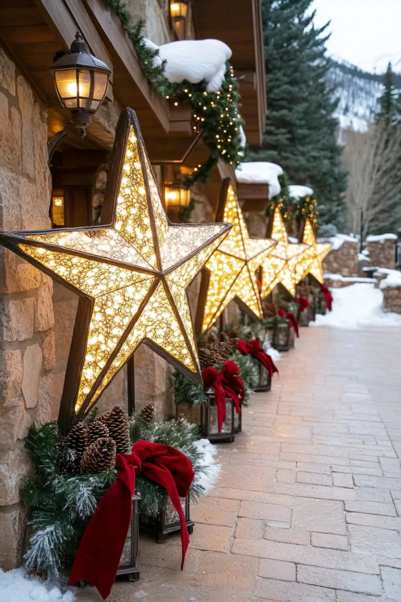enormous star sculptures wrapped in warm white lights lining the walkway 1
