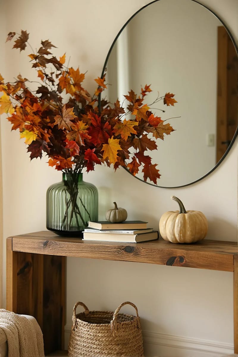 entryway console styled with a vase of dried fall leaves 1
