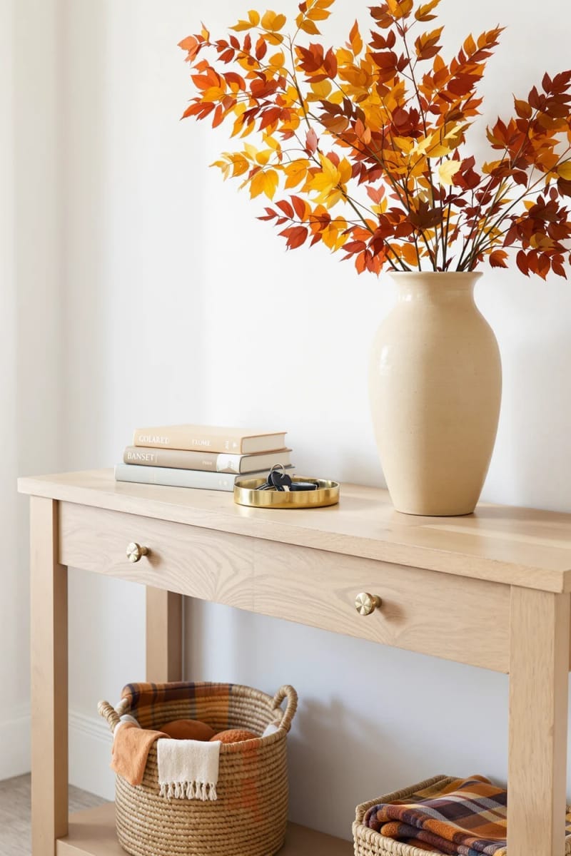 entryway console styled with a vase of dried fall leaves 1