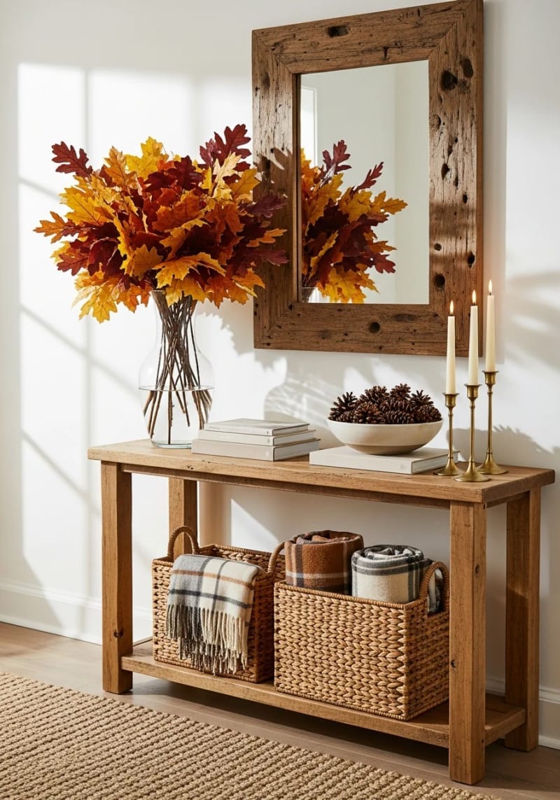 entryway console styled with a vase of dried fall leaves 1