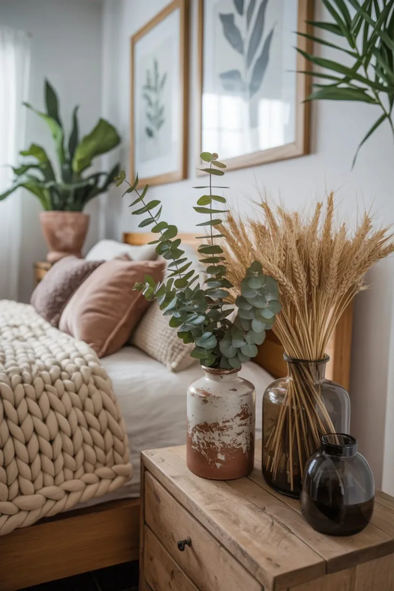 eucalyptus and wheat stalk bundles in rustic vases 1