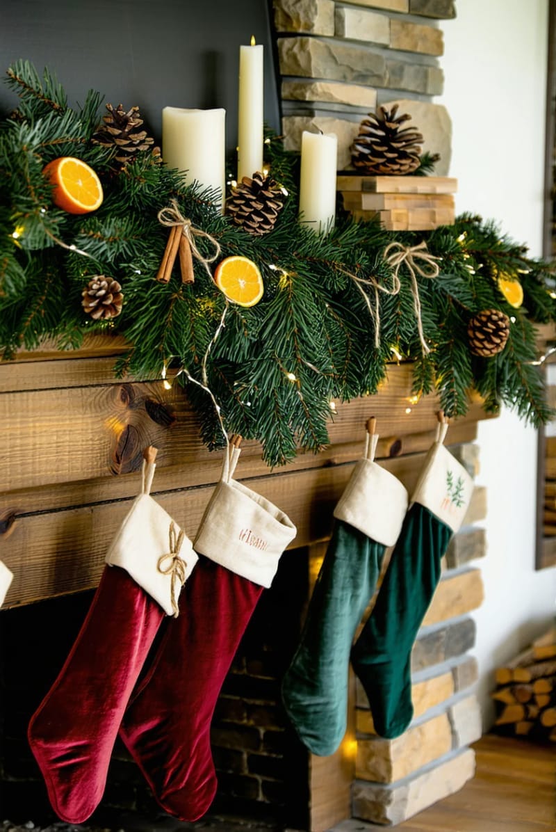 evergreen garland with dried orange slices and cinnamon stick bundles 1