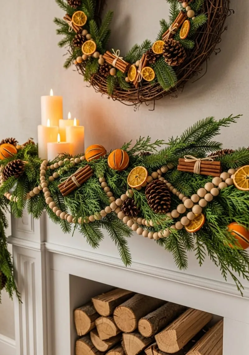 31 Trendy Christmas Decor Ideas for a Magical Home 19 evergreen garland with dried orange slices and cinnamon stick bundles 1