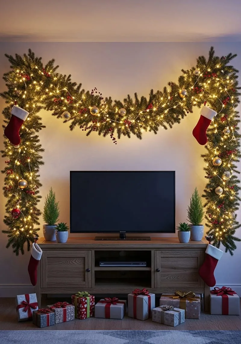 31 Trendy Christmas Decor Ideas for a Magical Home 8 fairy light-wrapped garland draped above the tv stand for festive glow 1