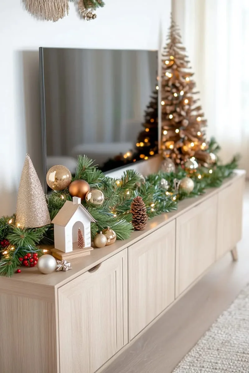 31 Trendy Christmas Decor Ideas for a Magical Home 9 fairy light-wrapped garland draped above the tv stand for festive glow 1